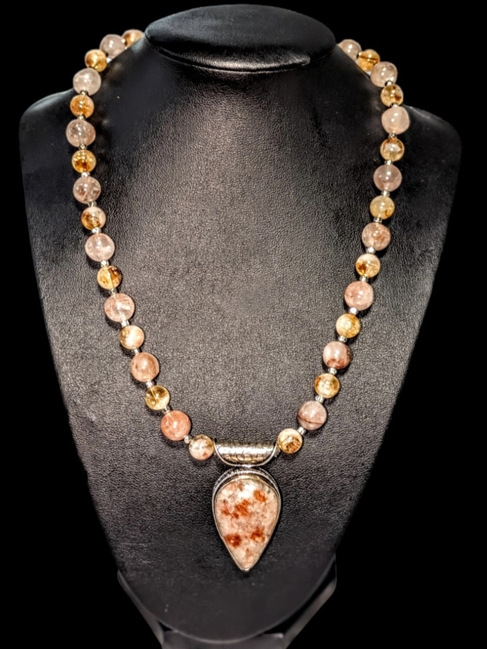 Handmade Fire Quartz Beaded Necklace with Teardrop Pendant Sunstone